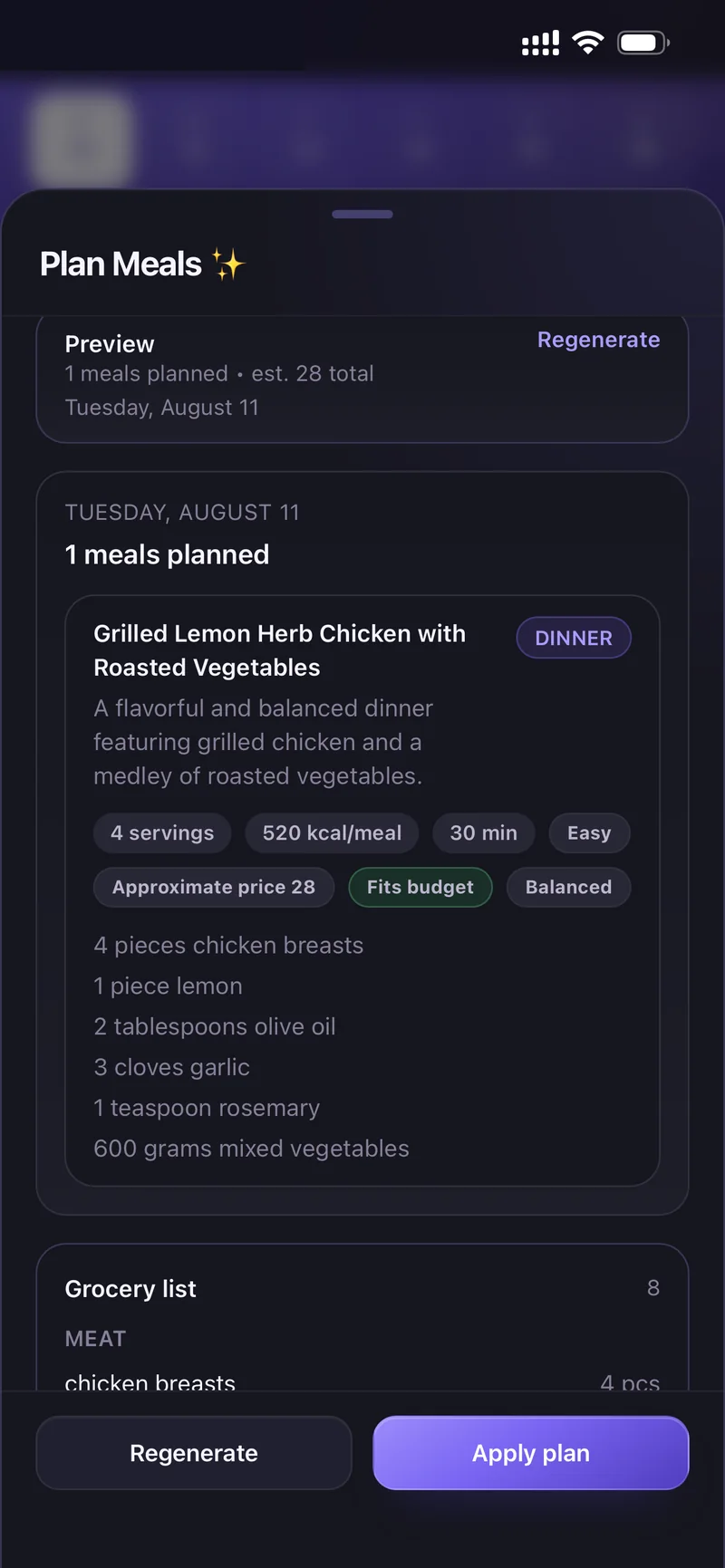 Generated week of meals